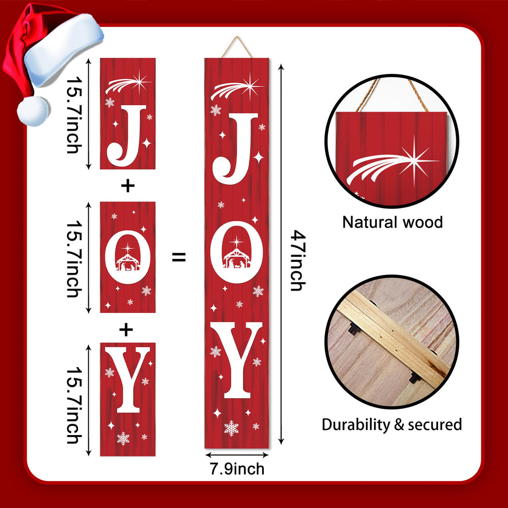 47 Inch Christmas Porch Sign, Large Vertical JOY Wooden Welcome Sign with Snowflakes, 3-Panel Farmhouse Front Door
