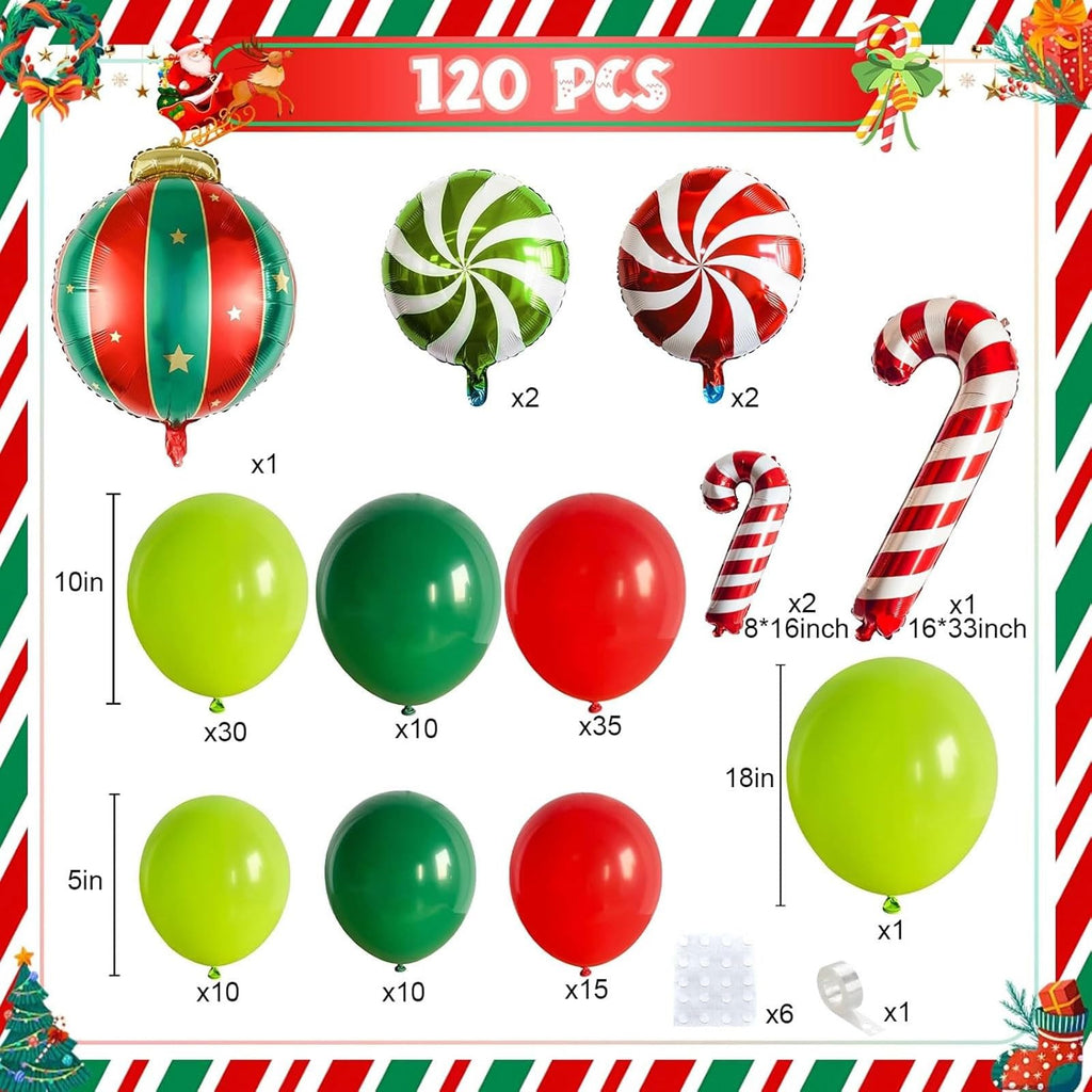 Christmas Balloons Garland Arch kit, 117pc Xmas Dark Green Red Balloon, Green Red Ball Candy Cane Peppermint