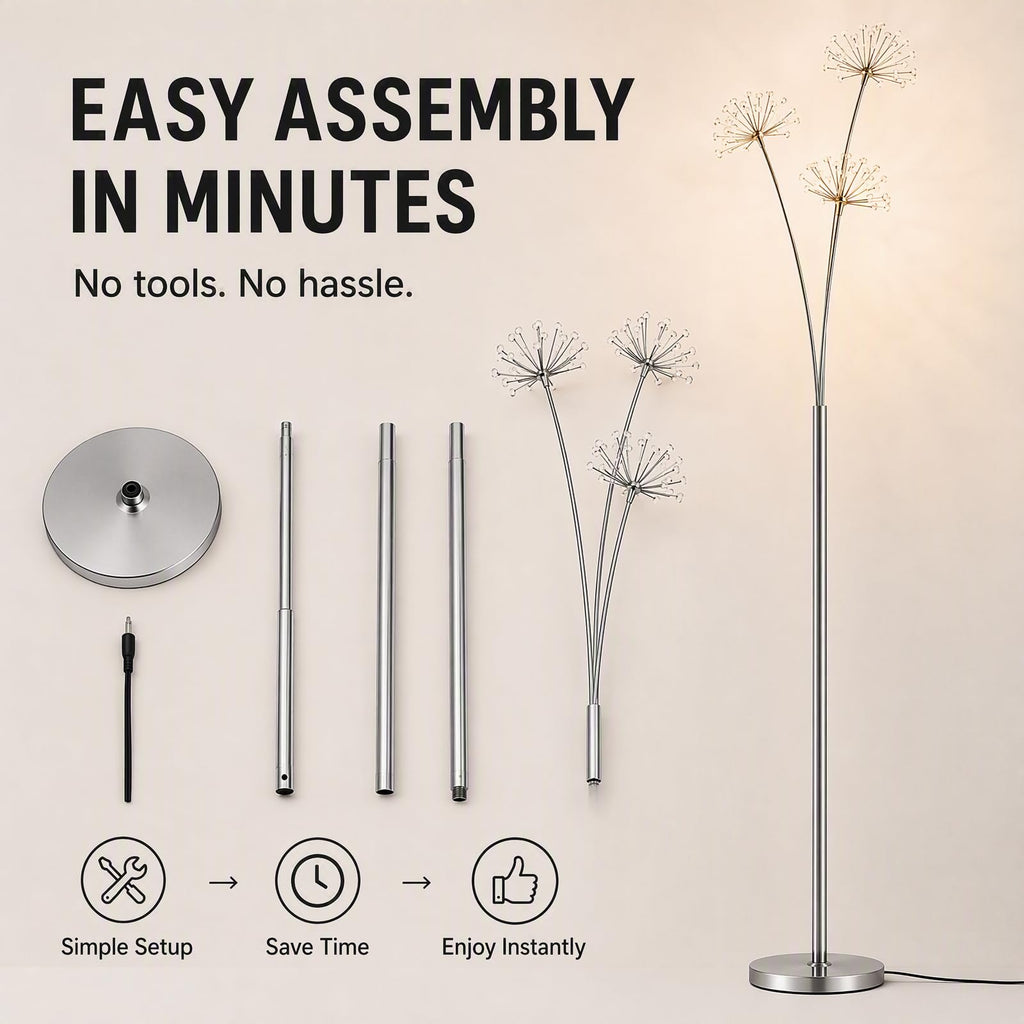 Modern Crystal Dandelion LED Floor Lamp with Remote Foot Control - 5-Head Elegant Standing Light | Includes 35x3W