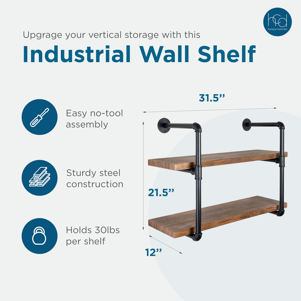 Industrial Pipe Shelf Bracket, 2 Tiers Retro Wall Mounted Floating Shelf, Wood DIY Bookshelf, Storage Shelves