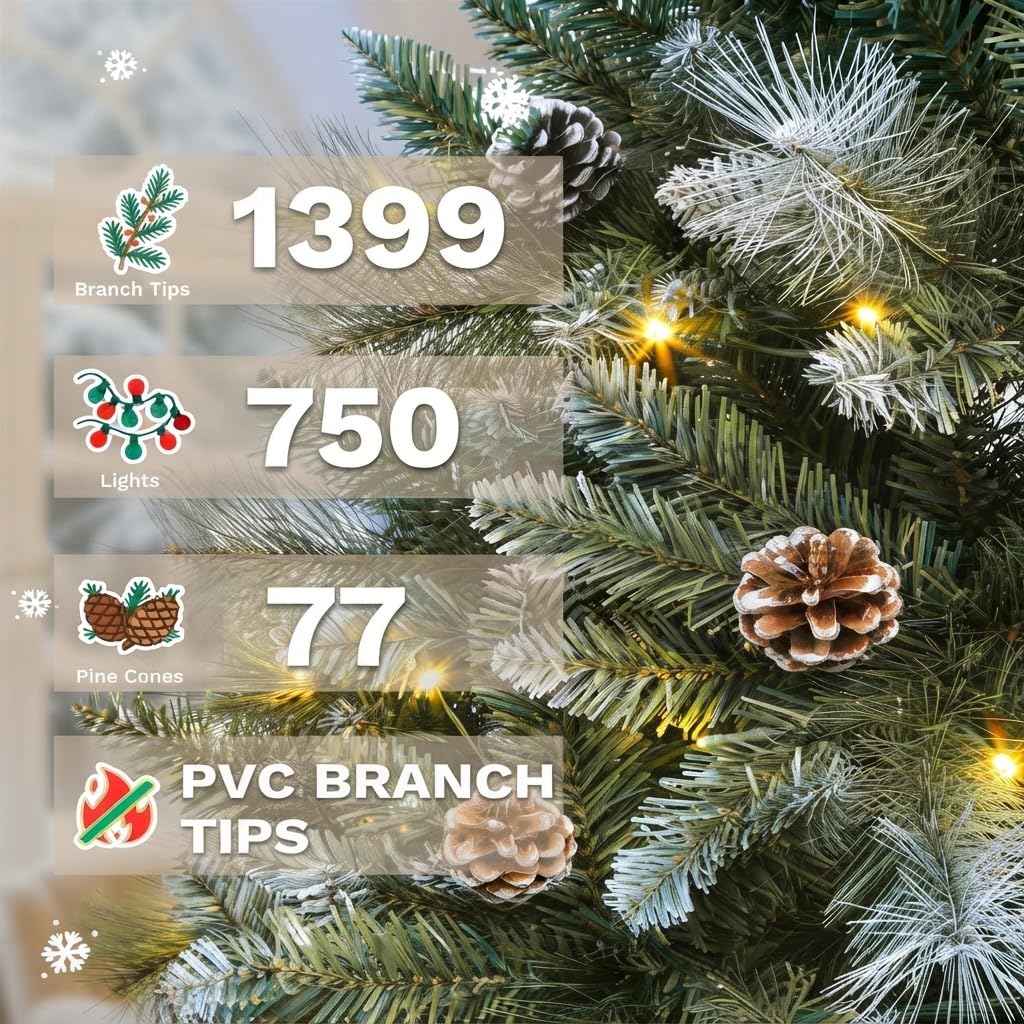 7.5ft Prelit Frosted Green Christmas Tree with Pine Cones & Remoter