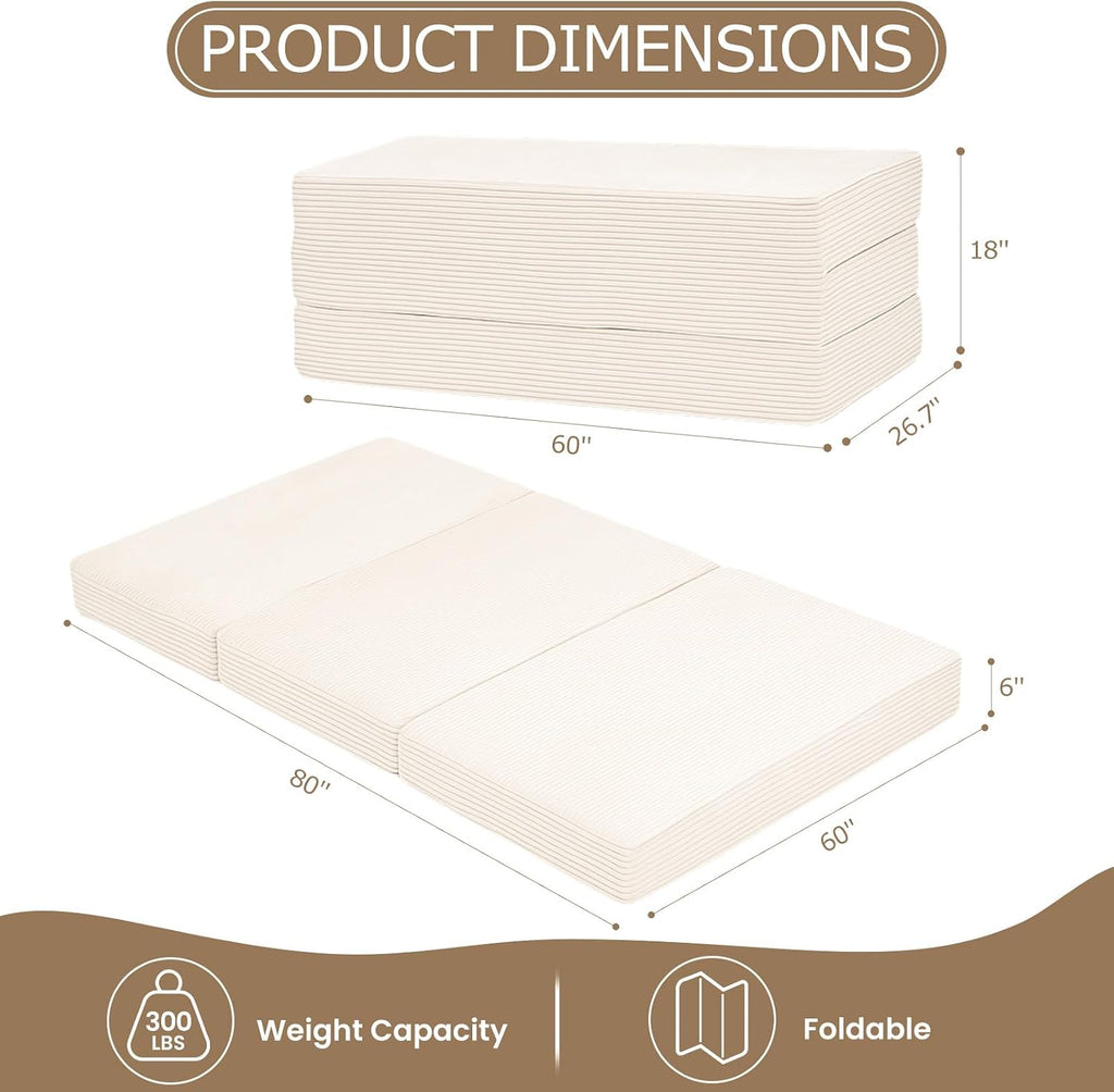 Queen Tri-Fold Mattress, 6 Inch Foldable Foam Mattress with Removable Washable Cover, 80" x 60"