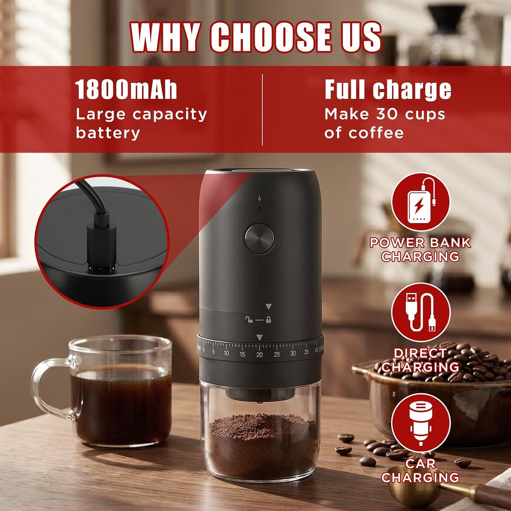Electric Coffee Grinder, Portable Coffee Bean Grinder with Conical Ceramic Burr, USB-C Rechargeable Espresso Grinder