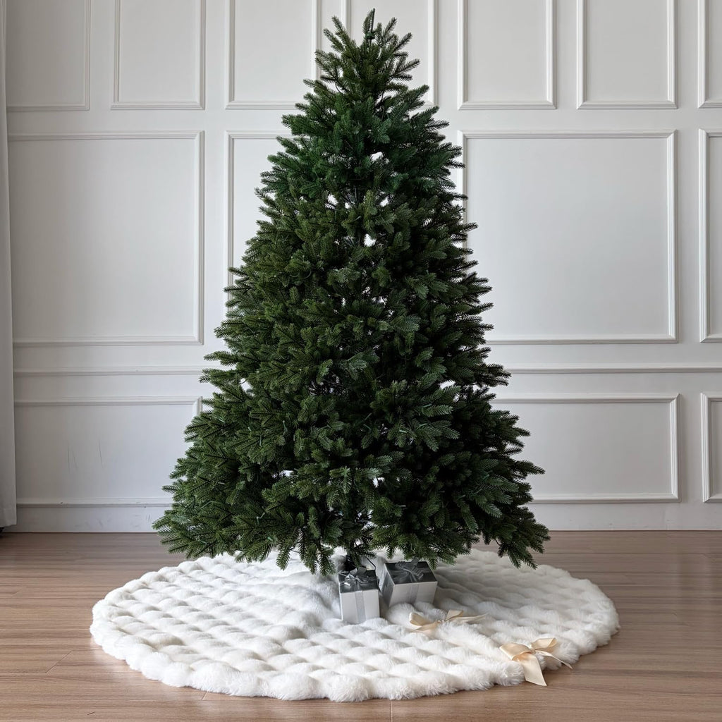 60-Inch Puff Quilt Faux Fur Christmas Tree Skirt, Soft Plush Tufted Texture with Satin Ribbon Ties, Cream