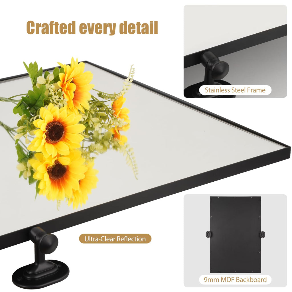 Black Pivot Mirror 20"×30" Tilting Bathroom Mirror Square Rectangle Vanity Mirrors for Wall with Stainless Steel Frame