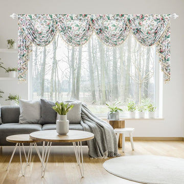 Waterfall Valance, Farmhouse Vintage Sheer Voile Swag with White Bead Fringe, 110x43 in Ultra Wide Airy Window Topper