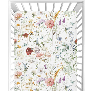 Crib Sheets for Girls & Boys - Wildflower Boho Baby Sheets, Neutral Toddler Mini Crib Mattress Sheets Fitted Bed