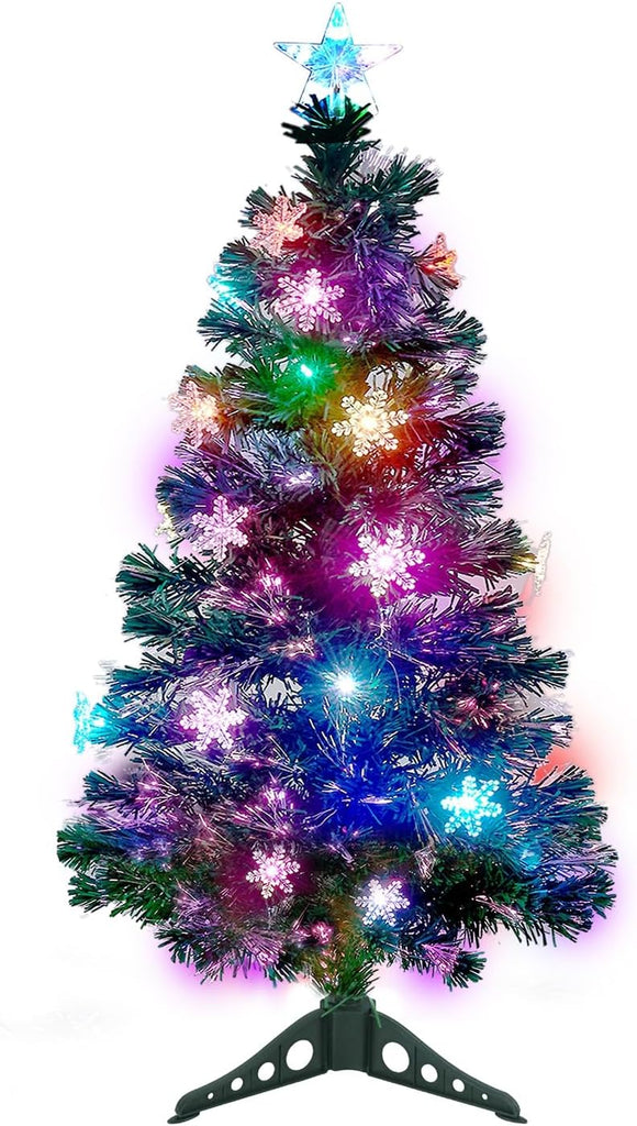 3 ft Pre-Lit Green Artificial Christmas Tree, Lighted Optical Fiber Table Mini Xmas Trees with Color Changing Lights