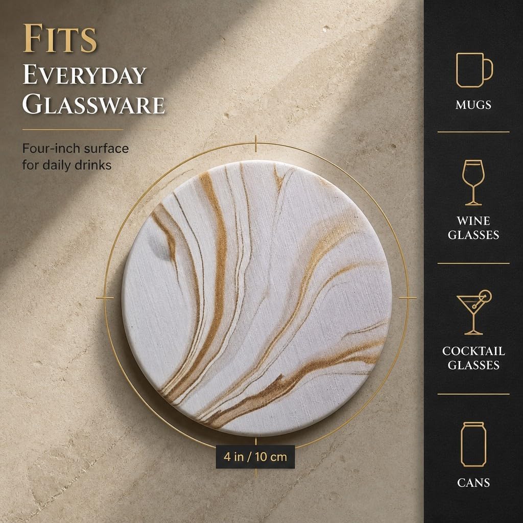 Absorbent Stone Coasters with Holder - Diatomite Drink Coasters for Cups & Table Protection, Modern Coffee - Set of 6