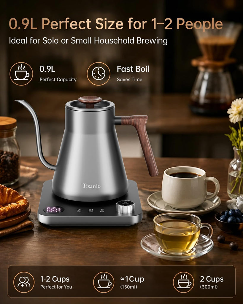 Gooseneck Electric Kettle with Temperature Control, 0.9L, Gray Wood | ±1°F Precision Pour Over Kettle, LCD Dual