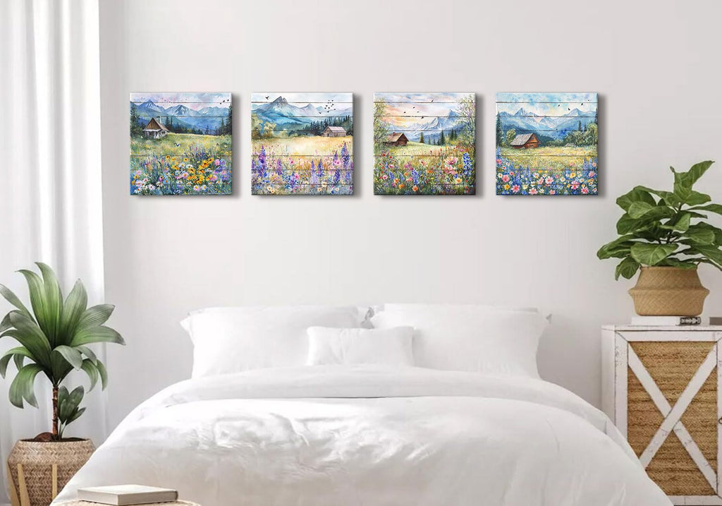Colorful Wildflower Wall Art Farmhouse Floral Scenery Pictures Rustic Flower Landscape Canvas Painting Mountain
