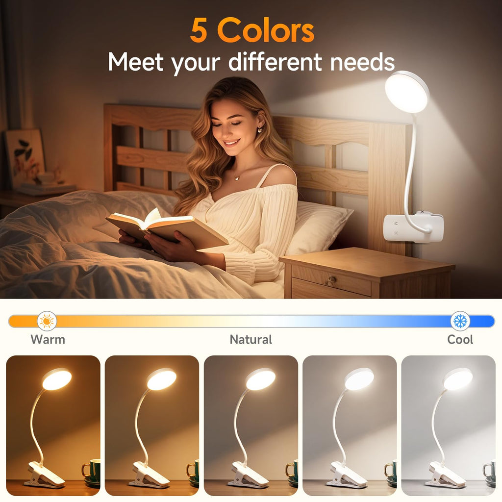 Desk Light,3600mAh Battery Operated Light,5 Brightness+5 Color Clip on Reading Lamp,400LM 36 LED Desk Lamp