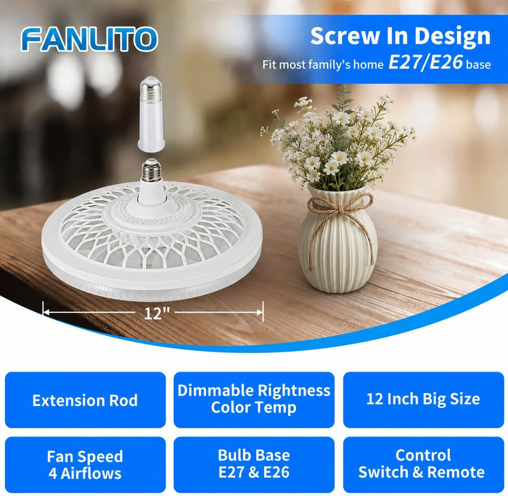 Light Socket Fan with Remote 12Ó, Screw in Socket Fan Light with Dimmable Brightness and Color Temp, Socket Modern Flush Mount Low Profile Ceiling Fan for Bedroom, Small Living Room, Kitchen A101-B0CZRZYTMV