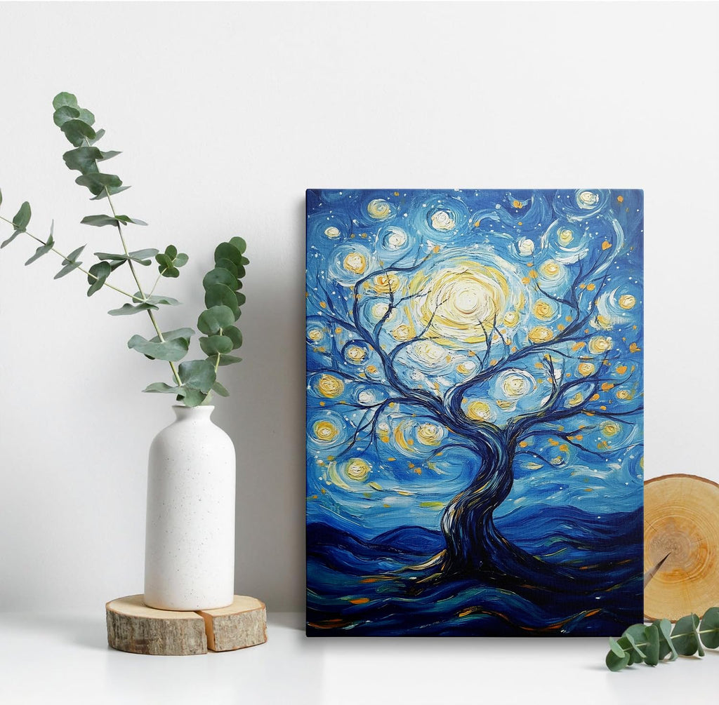 Framed Van Gogh Canvas Wall Art Set, Colorful Abstract Tree of Life & Starry Night Paintings, Boho Wall Decor, Blue