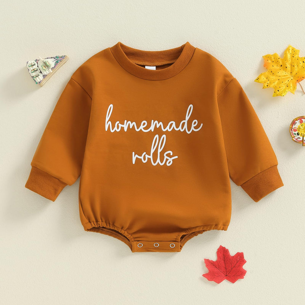 Newborn Thanksgiving Outfit Homemade Rolls Bubble Romper Long Sleeve Bodysuit Fall Thanksgiving Baby Girl Boy Outfit
