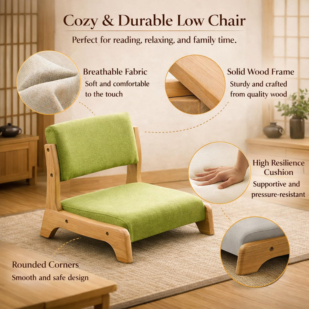 Japanese Floor Chair, Comfy Zaisu Meditation Chair with Back Support, Solid Wood Frame Low Kotatsu Seat, Bay Window