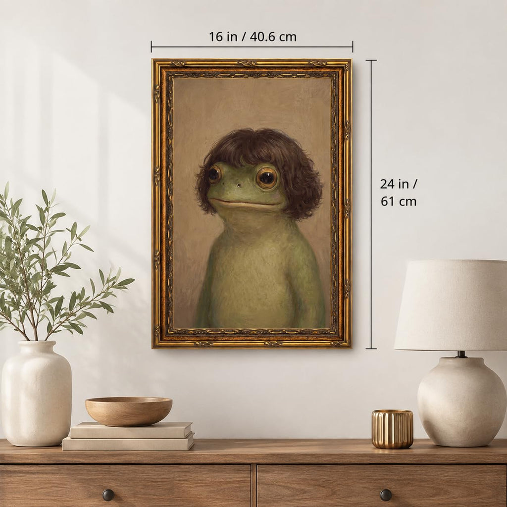 Gold Framed Funny Frog Portrait Wall Art, Quirky Canvas Print, 24x16