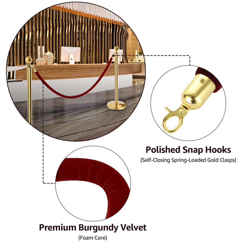 4 Pack 5 Feet Burgundy Velvet Stanchion Rope, Crowd Control Ropes with Gold Clasps, Foam Core Queue Safety Sarriers