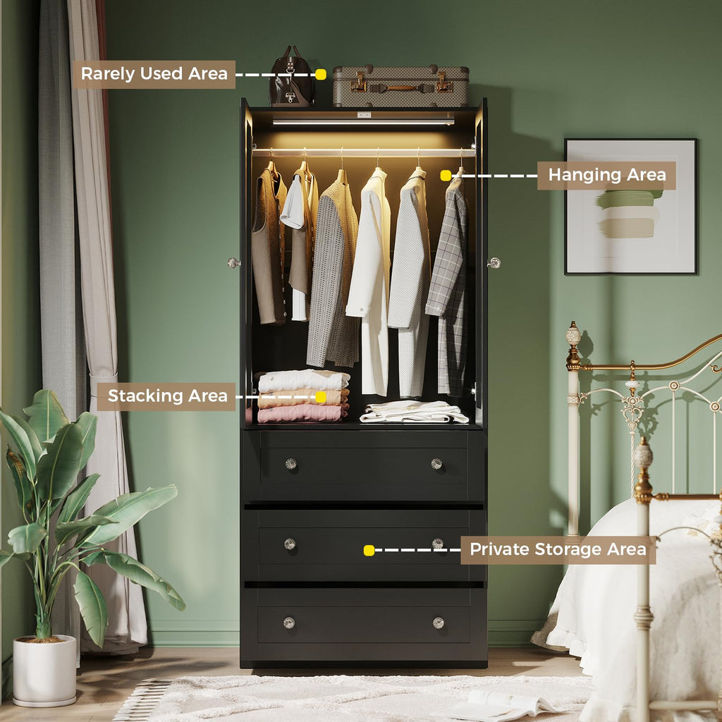 71" H Armoire Wardrobe Closet with Motion Sensor LED Light (Black)