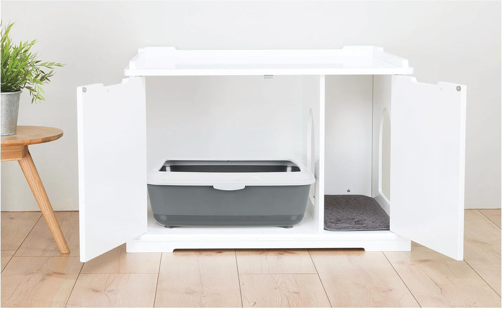 XL Furniture Litter Box Enclosure (White), Hidden Litter Box for Cats with Openings on Either Ends & Large