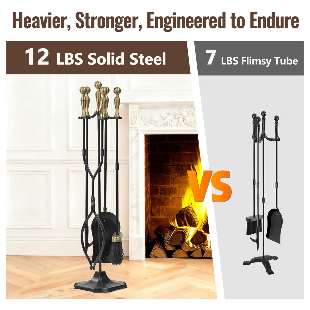 5 Pcs Fireplace Tools Brass Handles Wrought Iron Set Holder Indoor Outdoor Fireset Fire Pit Stand Rustic Tongs Shovel