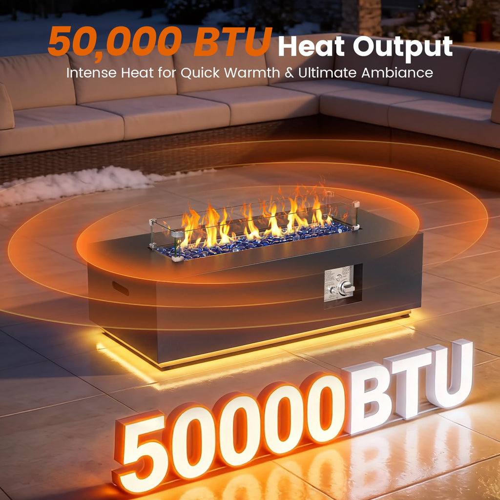 42" Rectangular Outdoor Propane Fire Pit Table with LED for Outside Patio