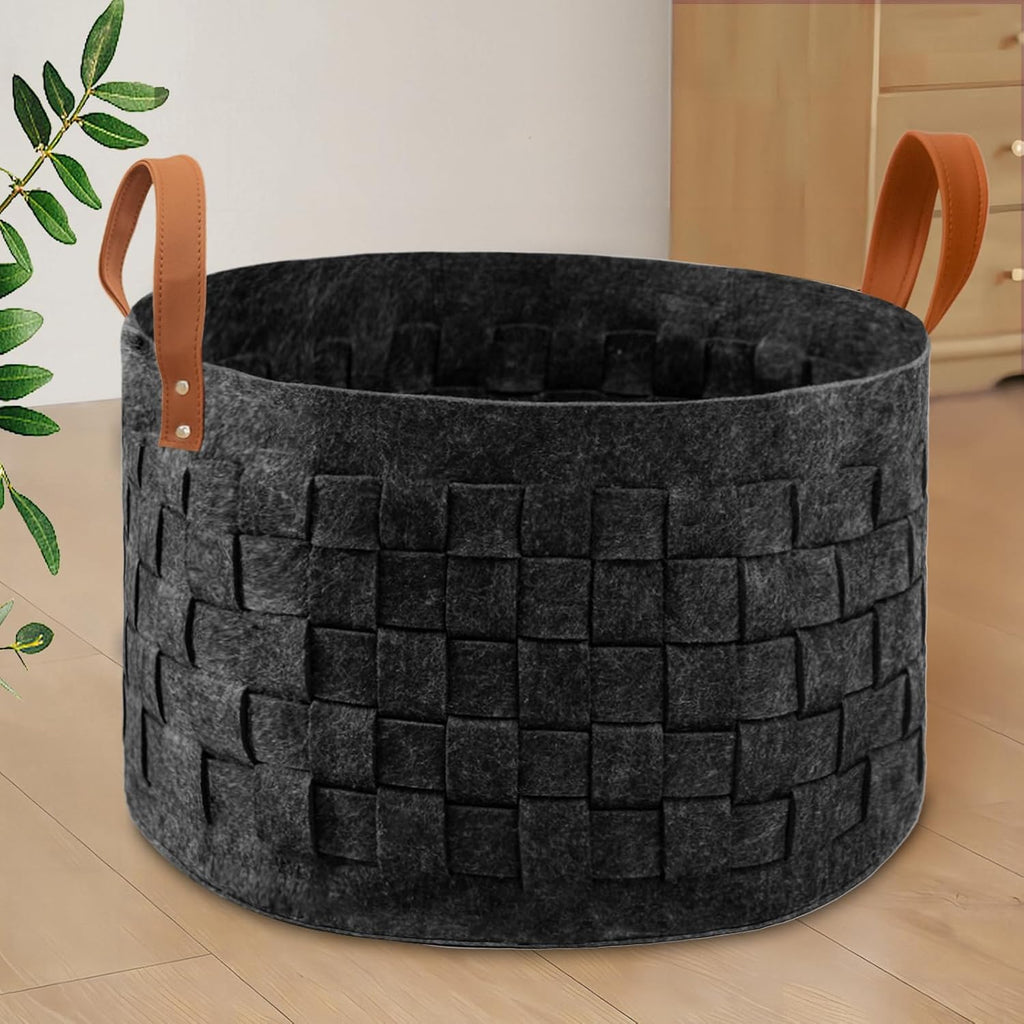 Laundry Basket 20 " x20 x11.8 , Large Round Blanket Basket with Leather Handle, Felt Storage Basket , Dog Toys-Dark