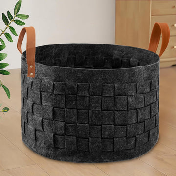 Laundry Basket 20 " x20 x11.8 , Large Round Blanket Basket with Leather Handle, Felt Storage Basket , Dog Toys-Dark