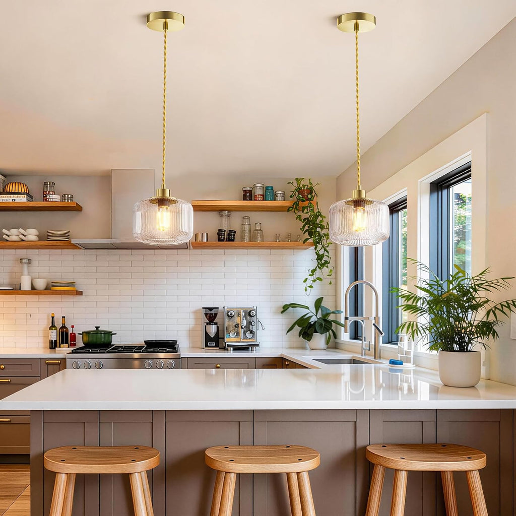 Clear Striped Glass Pendant Light, Gold Vintage Hand Blown Pendant Lamp, E26 7W LED Bulb Included, Adjustable
