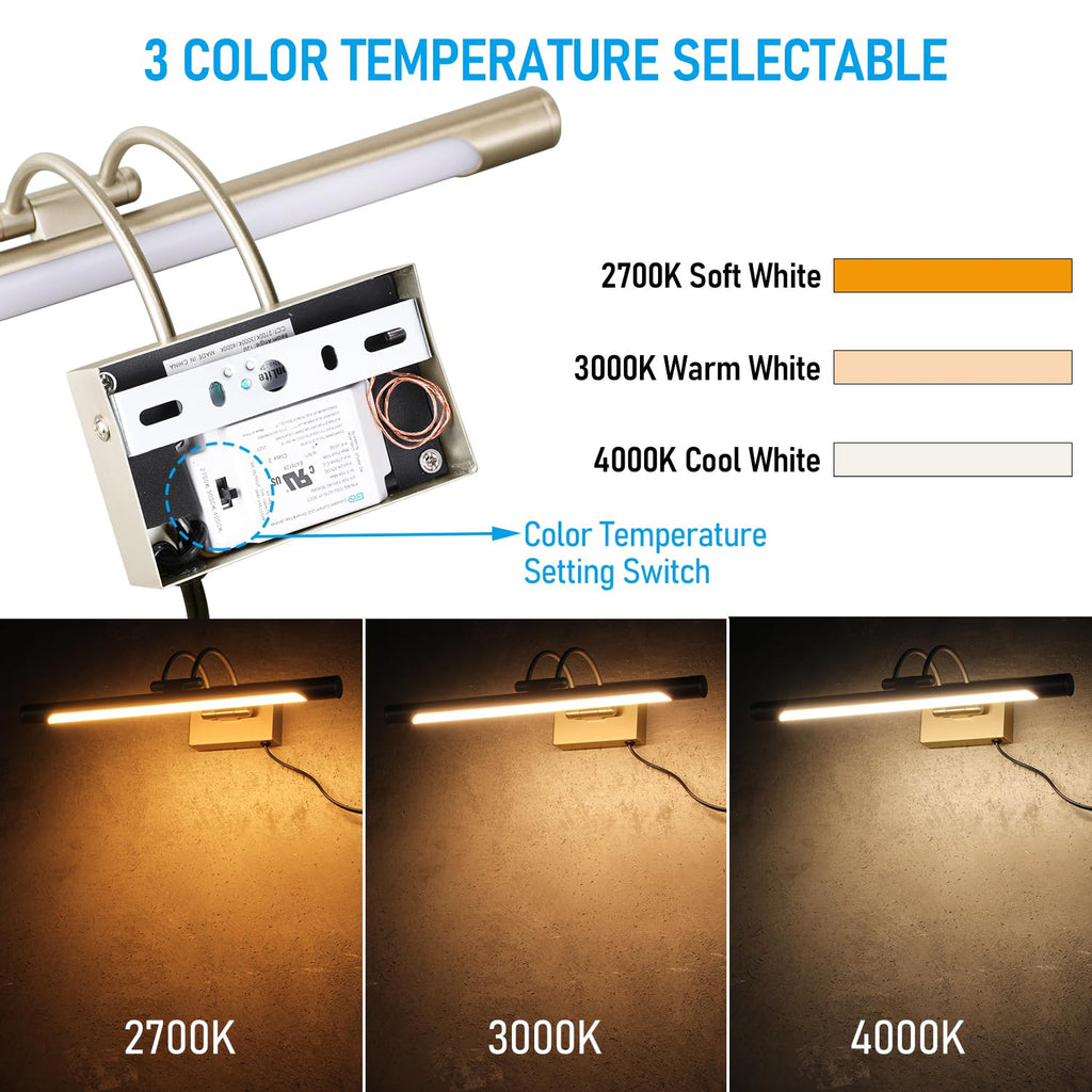 3CCT Dimmable LED Picture Light, CRI90, Adjustable, Antique Brass