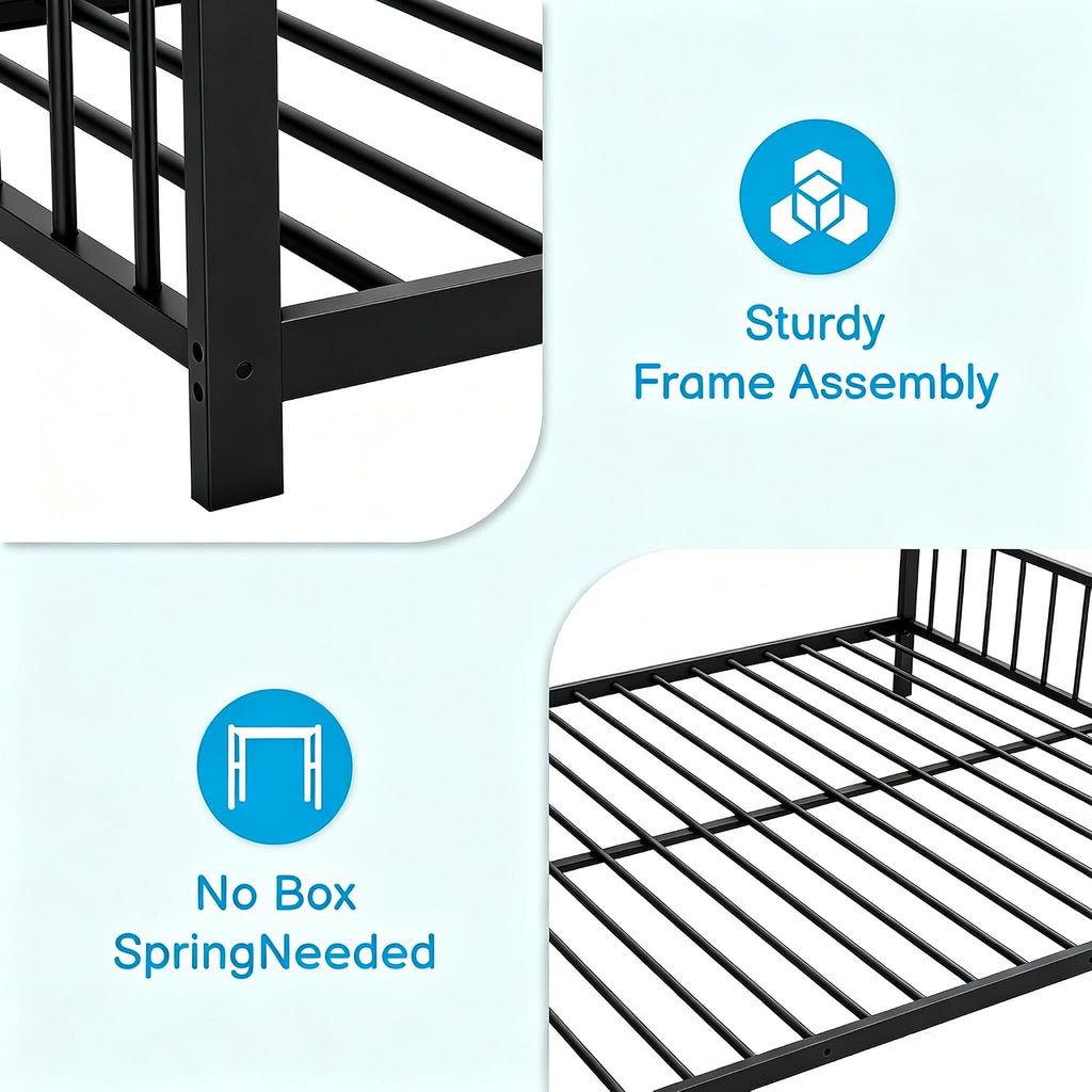 Metal Toddler Floor Bed with Slats & Fence, Black