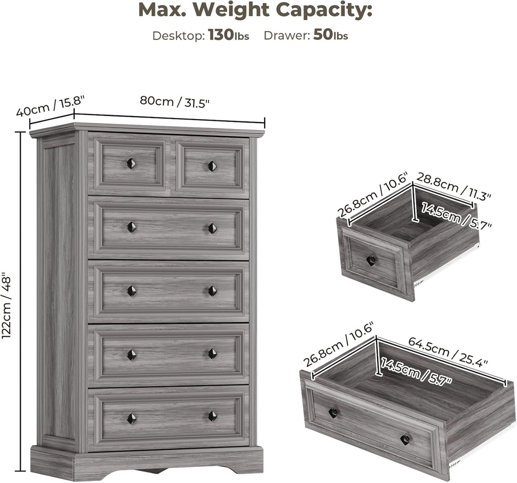 Grey Dresser, 48" Tall Dresser with Natural Texture & Metal Handles, 6 Drawer Chest of Drawers , Vintage Design