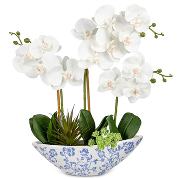 White Orchid Fake Flowers 17in Artificial Orchid Silk Flowers in Blue and White Ceramic Pot Faux Orchid Arrangement