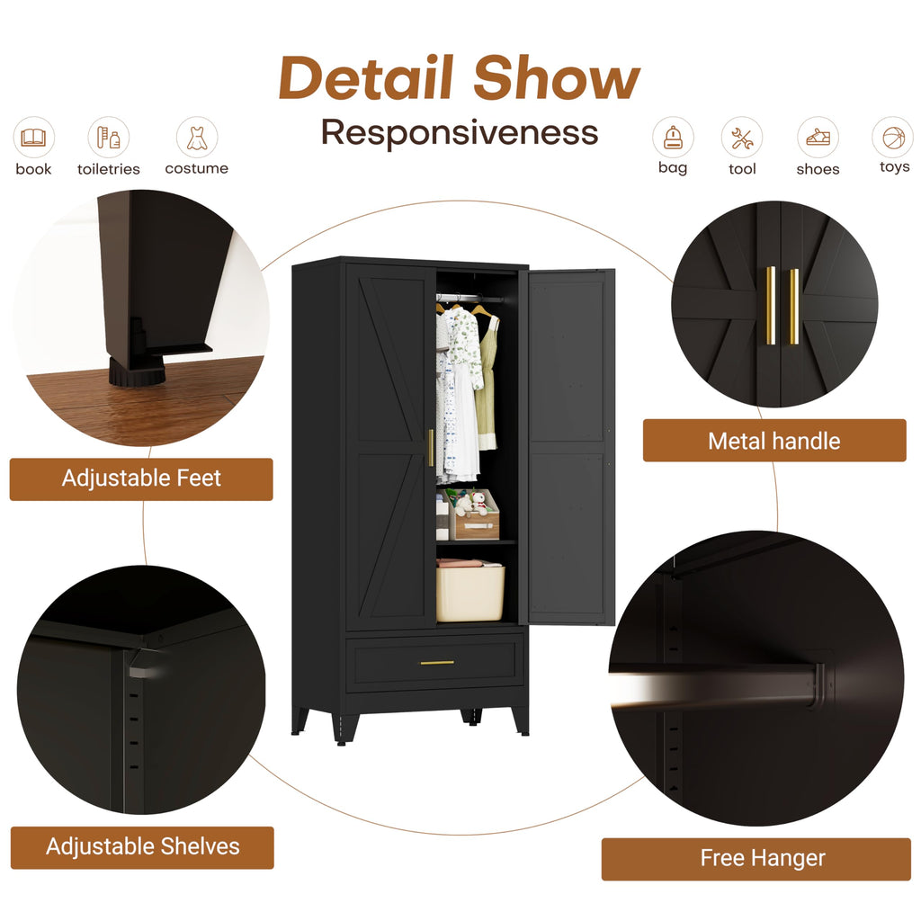 71" Metal Wardrobe Closet Clothing Storage Cabinet with 1 Drawers