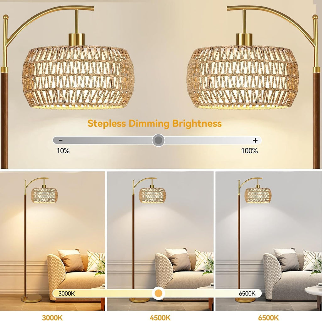 Wood Floor Lamps Arc Boho Floor Lamp with Remote Control & 3 Color Temperatures, Vintage Wicker Rattan Standing Lamp