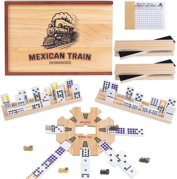Double 15 Mexican Train Dominoes Set for Adults with 8 Wooden Trays, 8 Train Markers with Velvet Pouch, 136 Color Dot