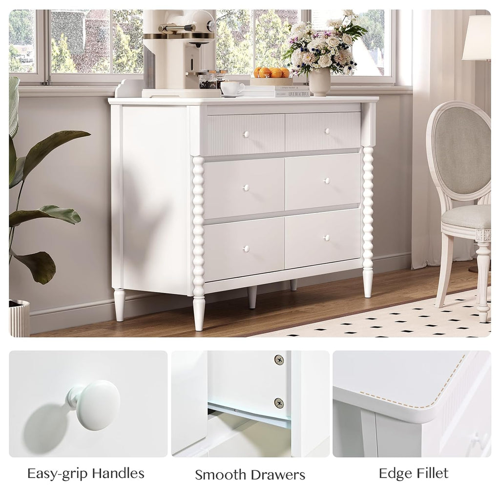 White Nursery Dresser for Kids Bedroom, 6 Drawers for Storage | Jenny Lind Spindle Legs Dresser, Baby Clothes