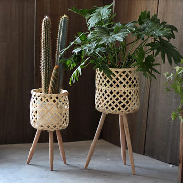 Set of 2 Handmade Mid Century Modern Planter, Rustic Indoor Rattan Basket Flower Pot Plant Stand, Large Floor Planter
