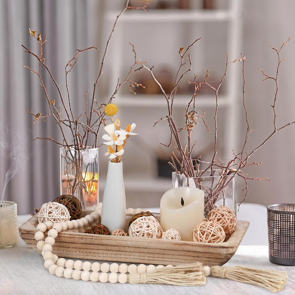 17 Pcs Wooden Centerpiece Table Decorations Wood Dough Bowl Wicker Rattan Balls Beads String with Tassel Natural