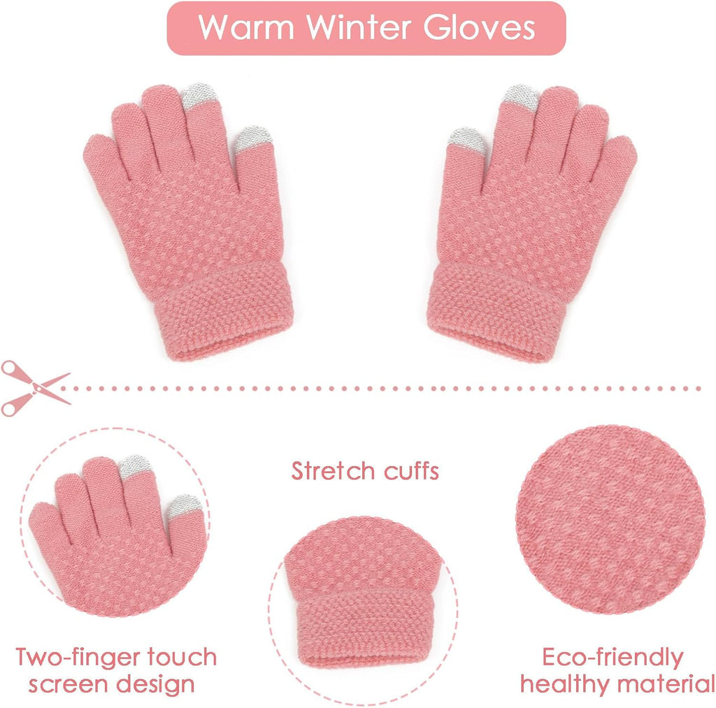 Kids Winter Hat and Gloves Set, Girl Warm Knit Beanie with Pom Fleece Lined for Toddler Boys Girls