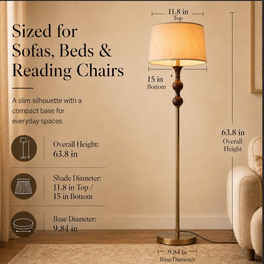 Wood & Brushed Floor Lamp with Pull Chain Switch & Remote Control, Sculptural Standing Lamp, Dimmable 3 Color