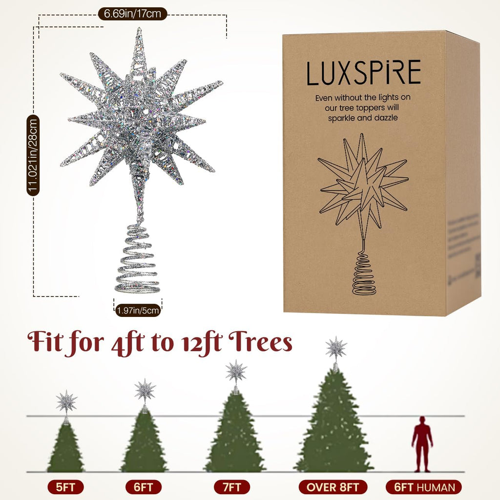 Christmas Tree Topper, 3D Starburst Lighted Tree Topper, Plug in Christmas Star with Timer, Light Up Xmas