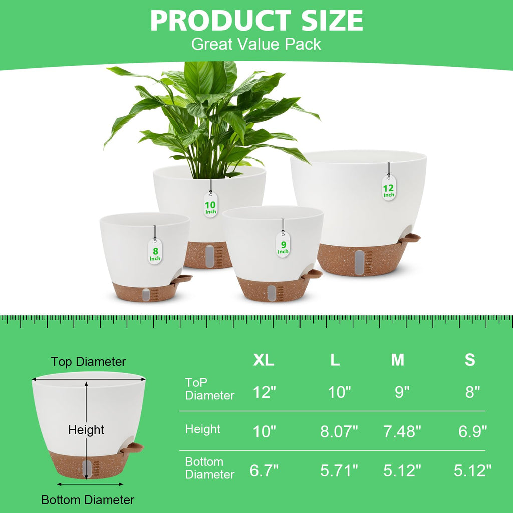 12" 10" 9" 8" Self Watering Pots with Water Level Indicator, Large Plastic Planters Set with Mesh Drainage Hole and