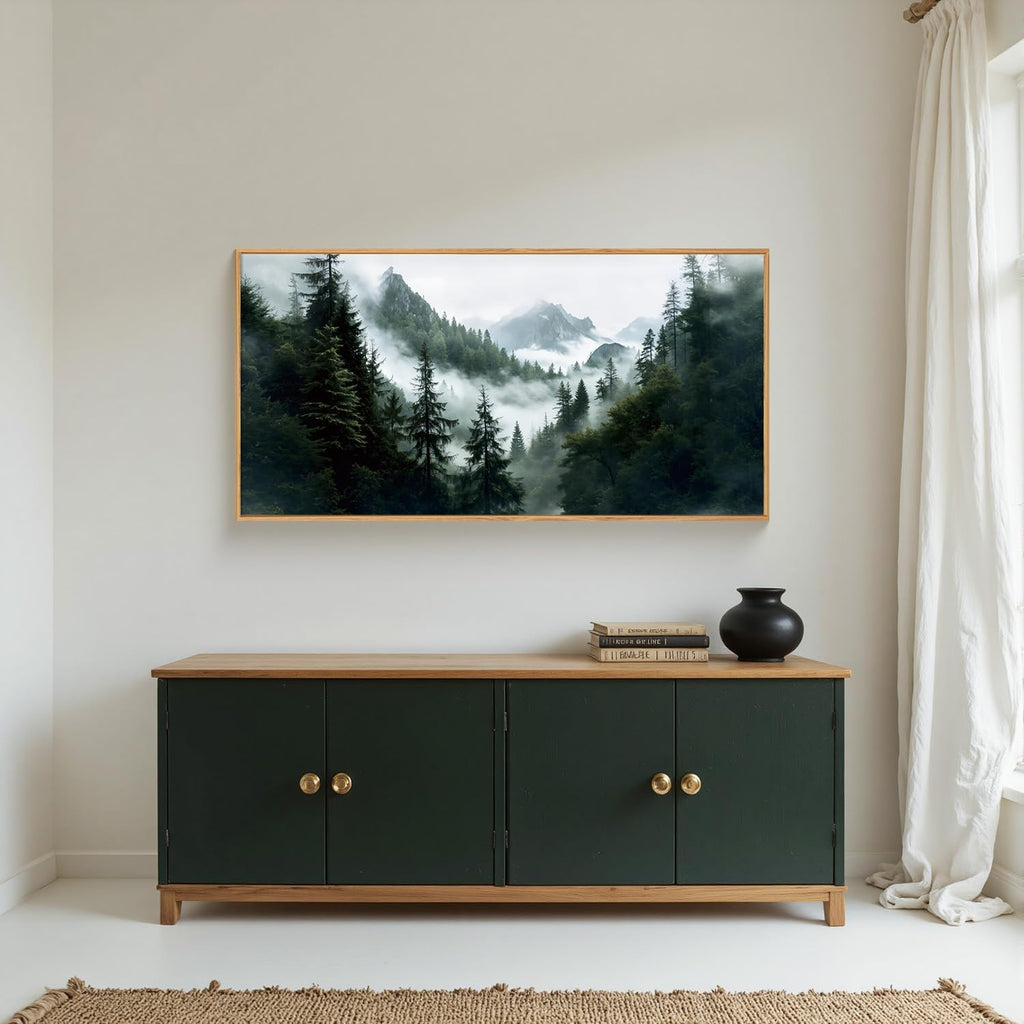 Boho Forest Mountain Framed Canvas Wall Art Set,Nature Foggy Woodland Ridge Wall Decor,Misty Pine Tree Artwork,Sage