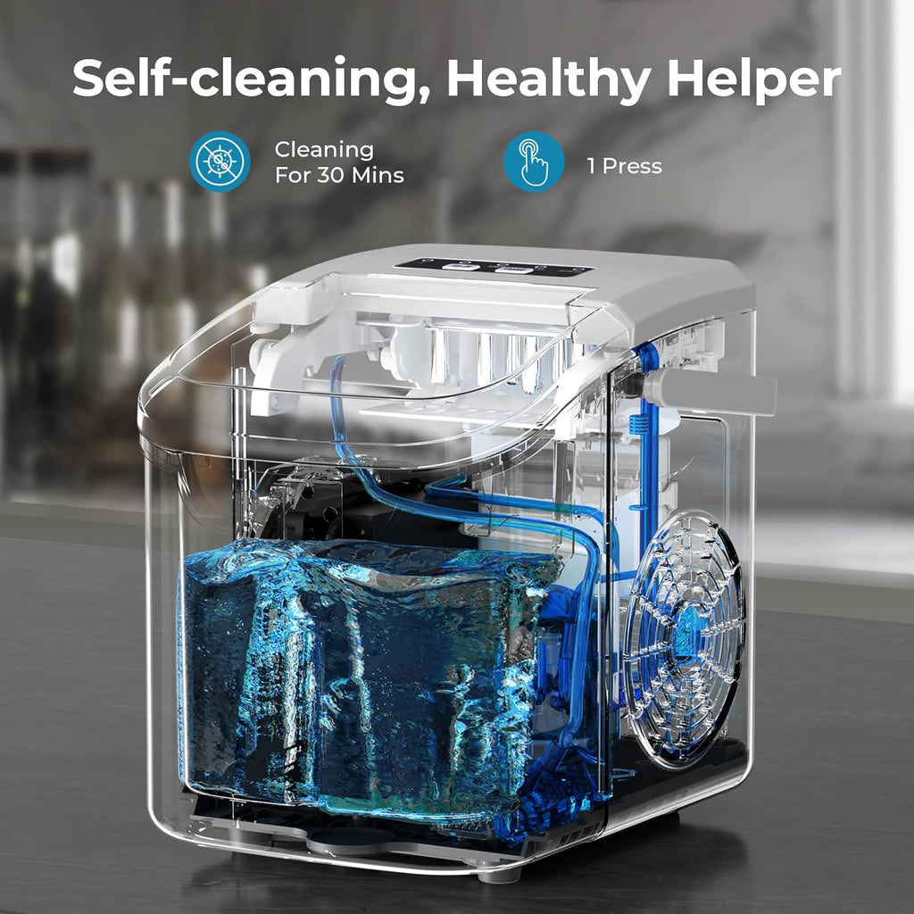 Countertop Ice Maker Machine, 8 Ice Cubes in 6 mins, 26lb/Day Bullet Ice with 2 Sizes- Portable Mini, Energy Saving &