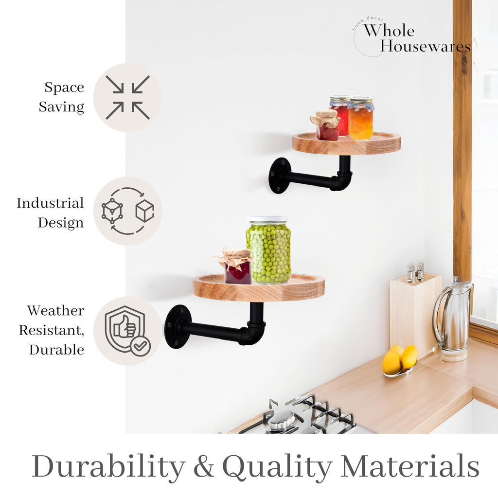 Shelf with Round Floating Shelves - Set of 2 | Rustic Industrial Style with Metal Pipe Brackets | 7.1 x 3.3 Inches