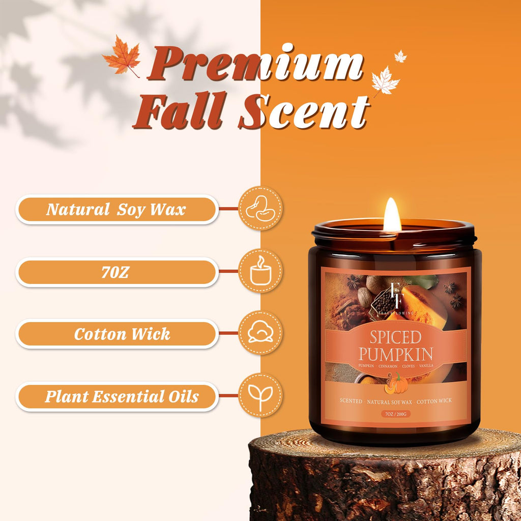 Fall Candle, Spiced Pumpkin Scented Candles, Natural Soy Autumn Candle Aromatherapy Candle, 7 oz Jar Candles Fall