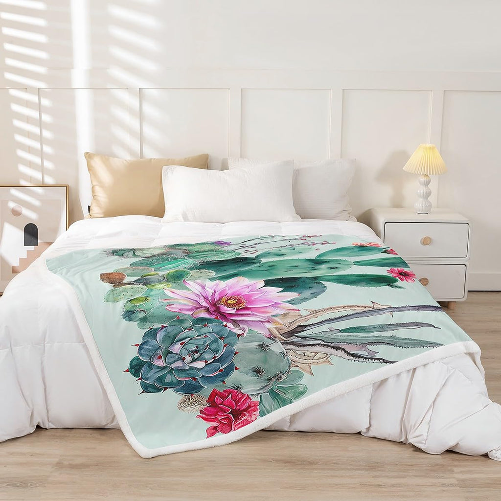 Cactus Fleece Throw Blanket with Boho Succulent Botanical Floral Print Plush Sherpa Blanket for Sofa Bed Couch 30x40