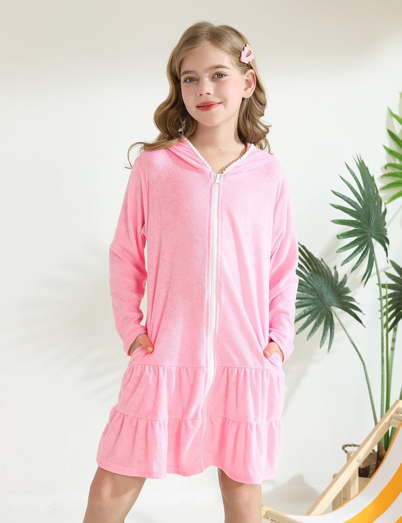Girls Swim Cover Up Kids Long Sleeve Swimsuit Coverup Terry Beach Pool Clothes with Sunglasses