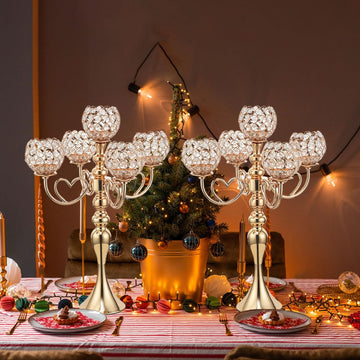 12 Sets Gold 5 Arms Candelabra Centerpiece,Metal Crystal Candlestick Holders Chandelier Crystal Beaded Candle Holder